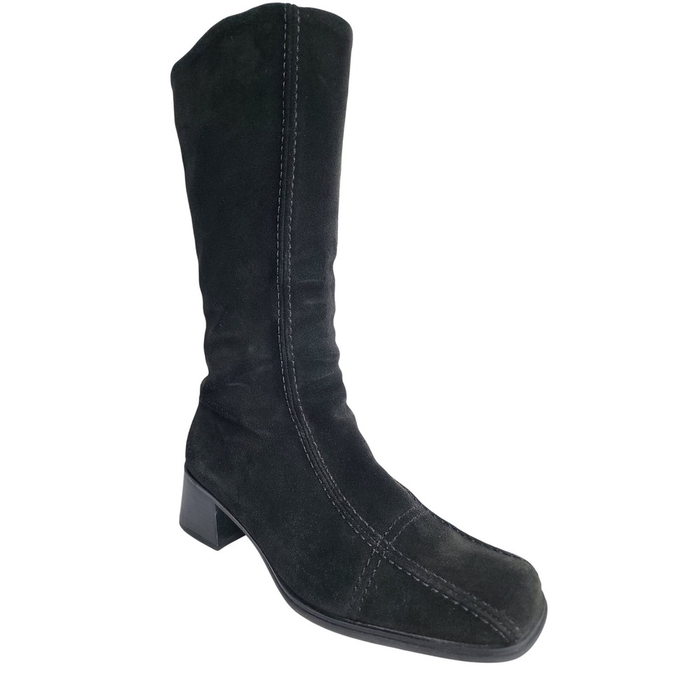La Canadienne Black Suede Square Toe Mid Calf Boots 14382 Size 7.5 M
